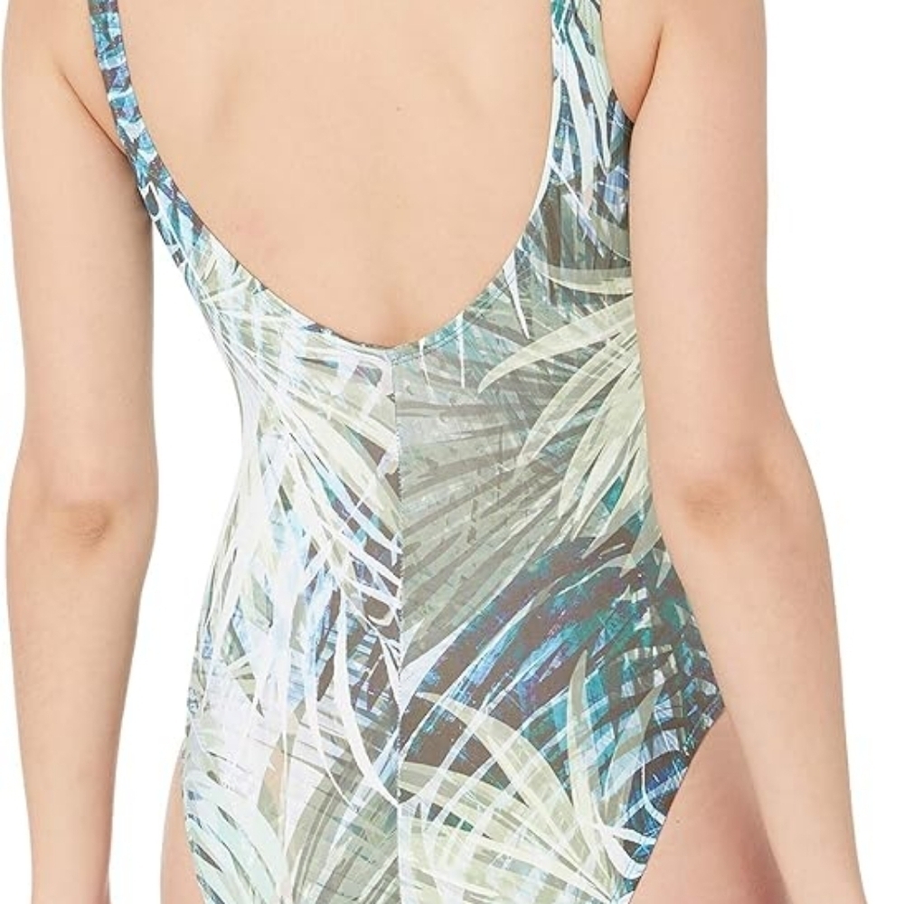 Tahari Plunge Mesh One Piece Swimsuit Camo Palm Padded Bra L - Picture 2 of 8